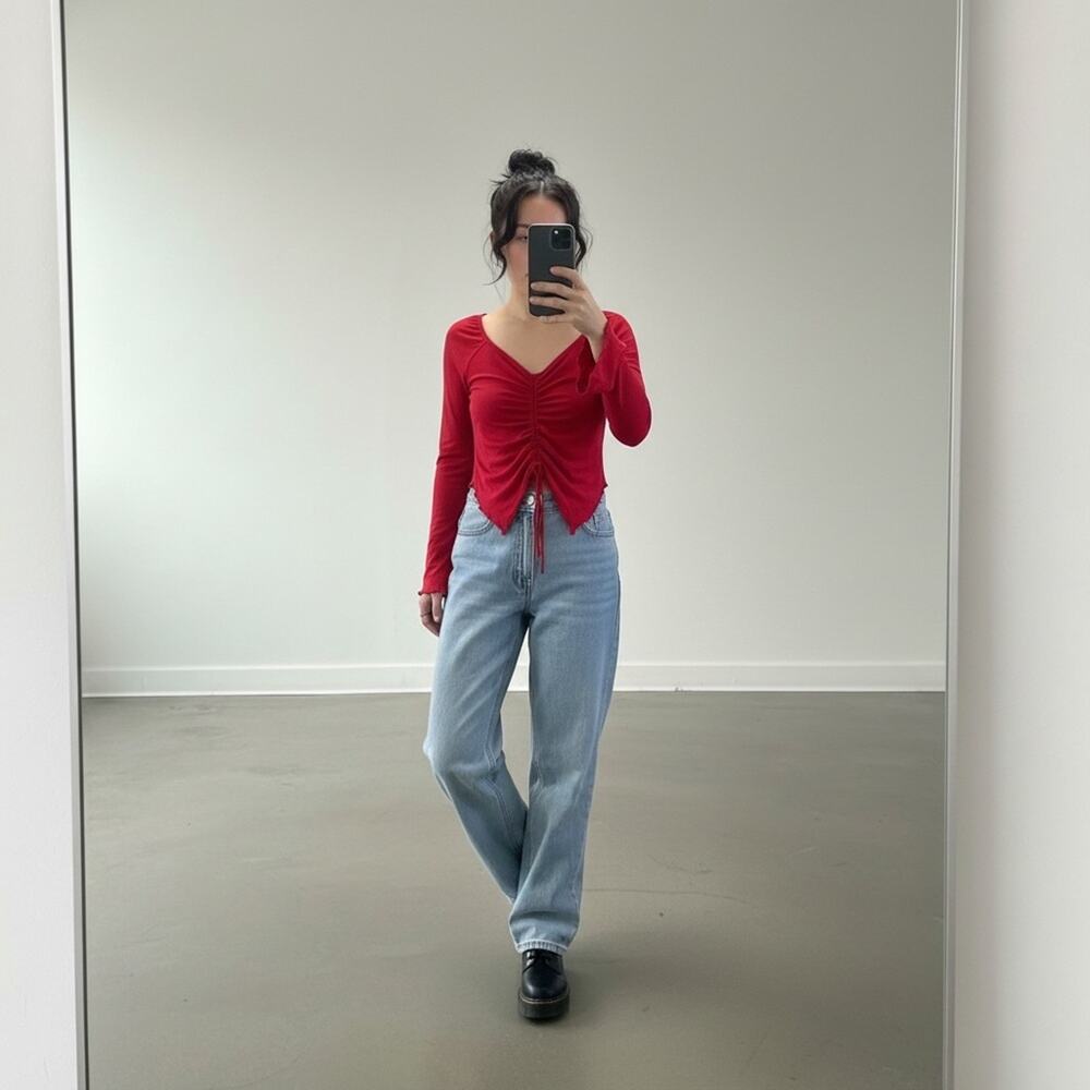 Urban Outfitters Red Ruched Drawstring Bell Sleeve Jersey Blouse Size L